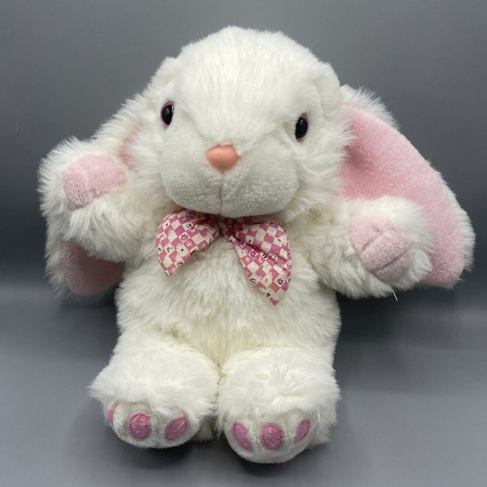 Main Joy Limited Vintage 17” White Bunny Rabbit Plush Pink Bow And Eyes